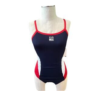 TYR Durafast Elite Women’s Swimsuit Size 32 USA Flag Red White Blue Cutoutfit
